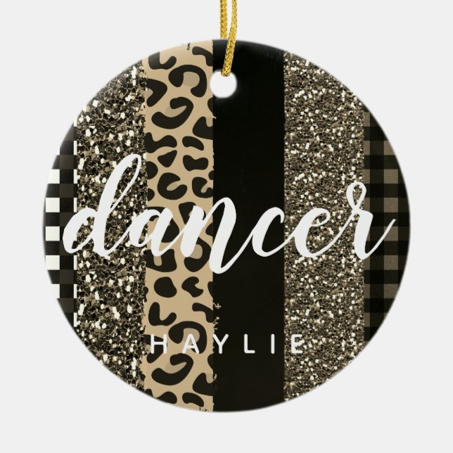 Personalized Dancer Faux Cheetah and Glitter Ceramic Ornament (Front)