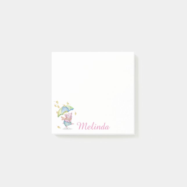 Personalized Dancing Autumn Piggy & Umbrella Post-it Notes (Front)