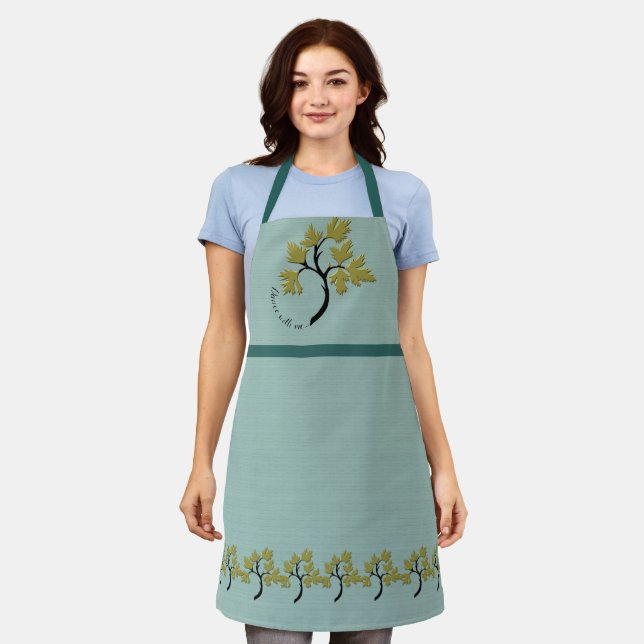 Personalized Dancing Tree Olive Green Apron (Worn)
