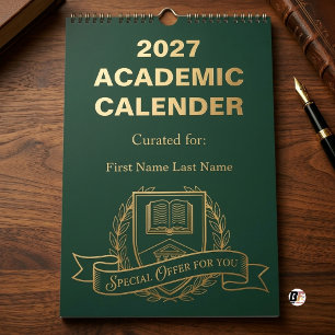 Personalized Dark Academia Green & Gold 2027 Acade Calendar