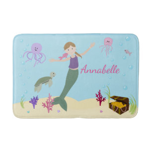 Personalized Dark Blonde Mermaid and Ocean Friends Bath Mat