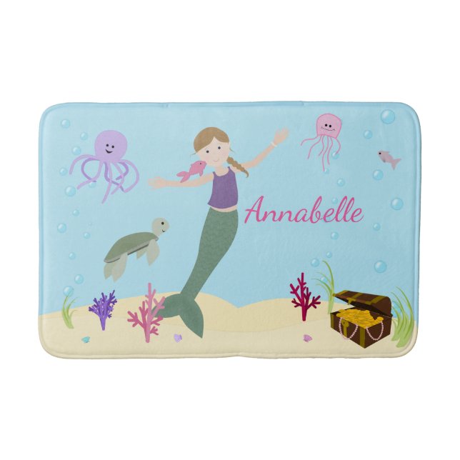 Personalized Dark Blonde Mermaid and Ocean Friends Bath Mat (Front)