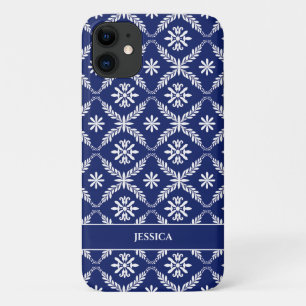 Personalized Dark Blue and White Geometric Floral iPhone 11 Case