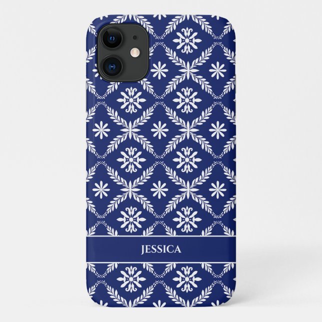 Personalized Dark Blue and White Geometric Floral Case-Mate iPhone Case (Back)