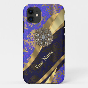 Personalized dark blue damask pattern iPhone 11 case