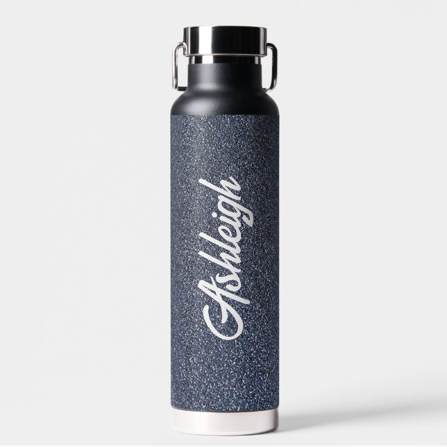 Personalized Dark Blue Glitter Water Bottle (Front)