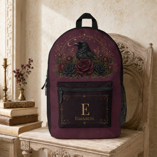 Personalized Dark Burgundy Gothic Raven Roses Printed Backpack