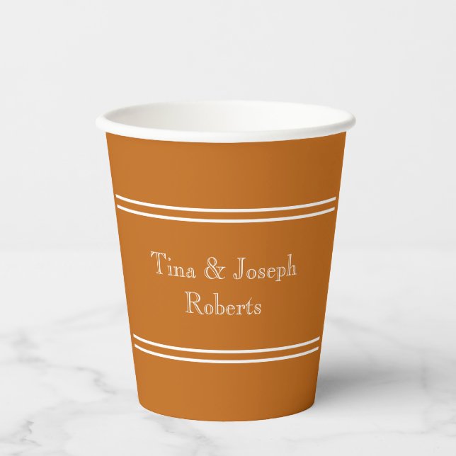 Personalized Dark Burnt Orange with White Lines Paper Cups (Front)