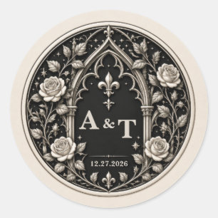 Personalized Dark Gothic Wedding Monogram Classic Round Sticker