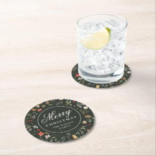 Personalized Dark Green Botanical Christmas Round Paper Coaster