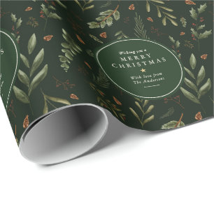 Personalized Dark Green Botanical Merry Christmas Wrapping Paper