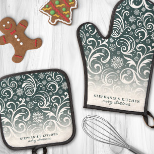 Personalized Dark Green Snowflake Christmas Oven Mitt & Pot Holder Set