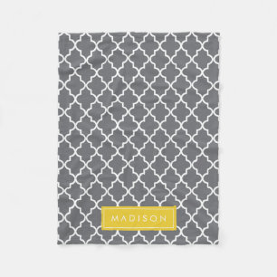 Personalized Dark Grey and Yellow Quatrefoil Fleece Blanket