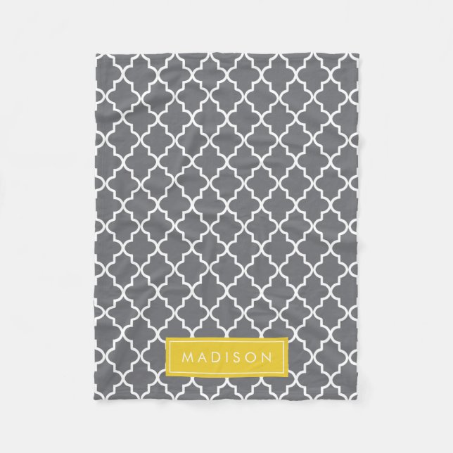 Personalized Dark Grey and Yellow Quatrefoil Fleece Blanket (Front)