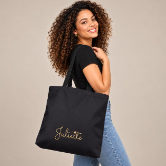 Personalized Dark Luxury Gold Script Name Tote Bag
