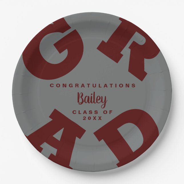 Personalized Dark Maroon and Grey Graduation Paper Plate (Front)