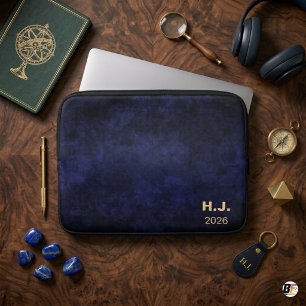 Personalized Dark Navy Blue Watercolor Monogram Laptop Sleeve