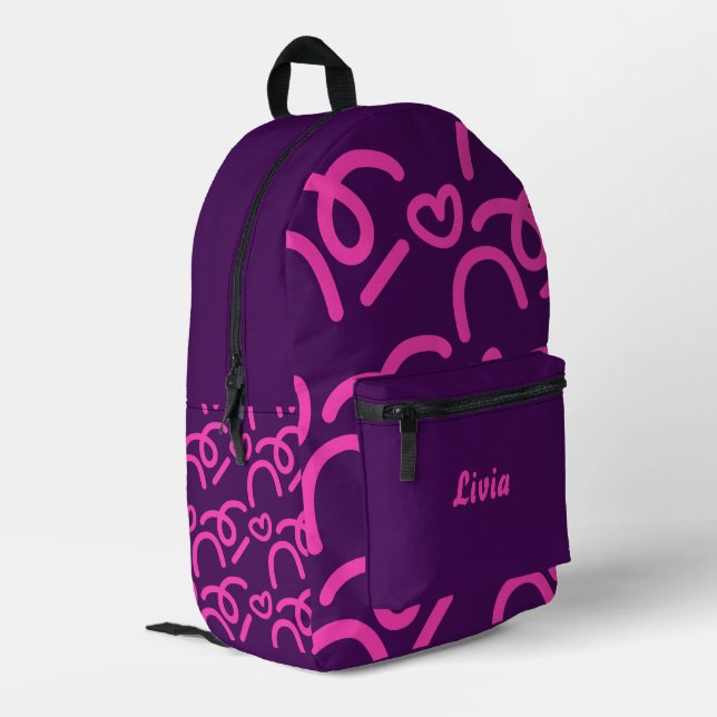 Personalized Dark Neon/Pink Hearts Printed Backpack (Back Corner Left)