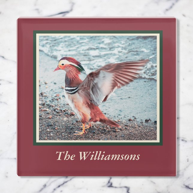 Personalized Dark Red  and Green Mandarin Duck Glass Coaster (Creator Uploaded)