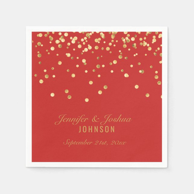 Personalized Dark RED Gold Confetti Wedding Napkin (Front)