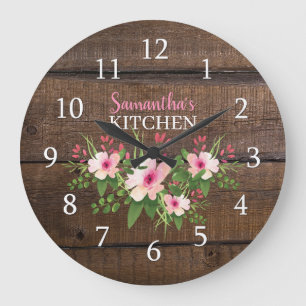 Personalized Dark Wood And Pink Floral Kitchen   Large Clock