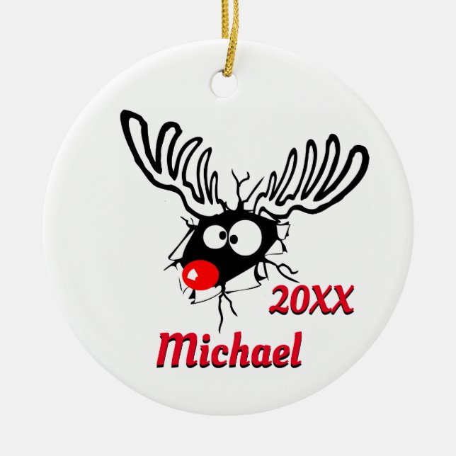 Personalized Dated Funny Reindeer Ceramic Ornament (Front)