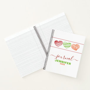 Personalized Dated Journal Red Green Orange Hearts
