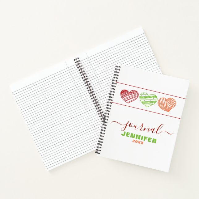 Personalized Dated Journal Red Green Orange Hearts (Inside)