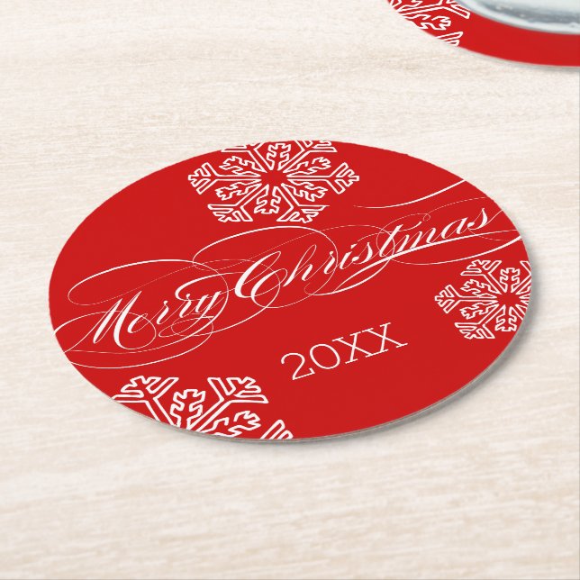 Personalized Dated Red Snowflake Merry Christmas Round Paper Coaster (Angled)