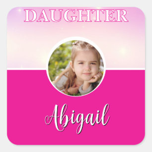 Personalized Daughter Photo and Name Hot Pink Square Sticker