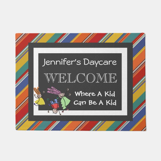 Personalized Daycare Fun Stripes Welcome Doormat (Front)