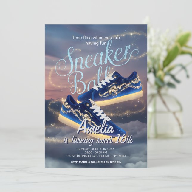 Personalized Dazzling Sneaker Ball Birthday Starry Invitation (Standing Front)