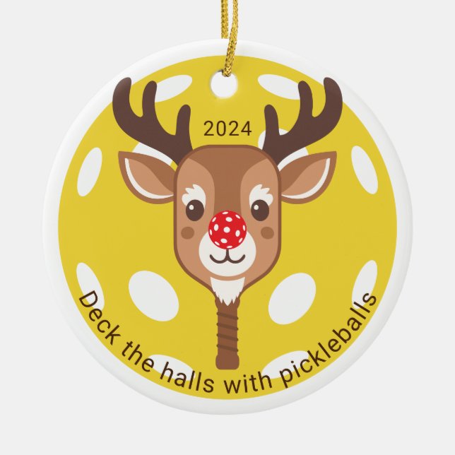 Personalized Deck the Halls with Pickleballs Ceramic Ornament (Front)
