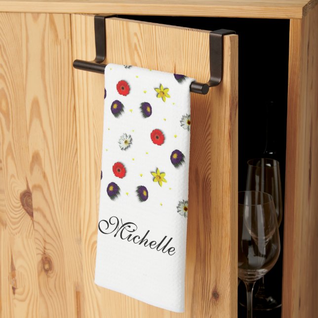 Personalized decorative spring flowers white kitchen towel (Thirds Fold)