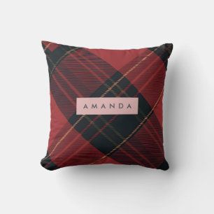 Personalized Deep Red and Black Tartan Plaid Throw Pillow