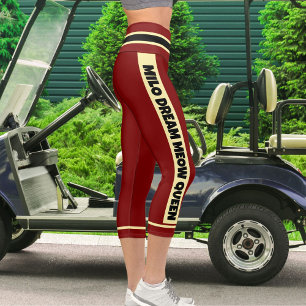 Personalized Deep Red Black Cream Cat Pet Themed Capri Leggings