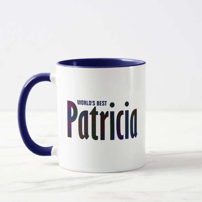 Personalized Deep Red, Blue Plaid "Patricia" Name Mug (Left)