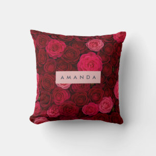 Personalized Deep Red & Pink Rose Garden Throw Pillow