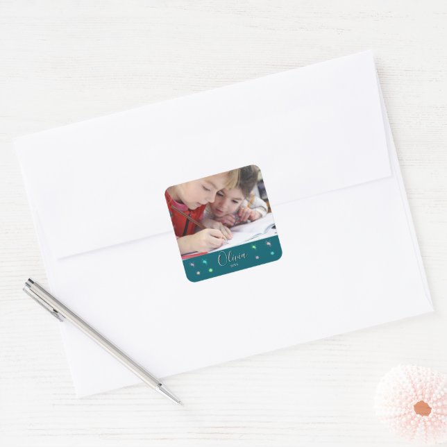 Personalized Deep Teal Photo Name and Date Gift Square Sticker (Envelope)