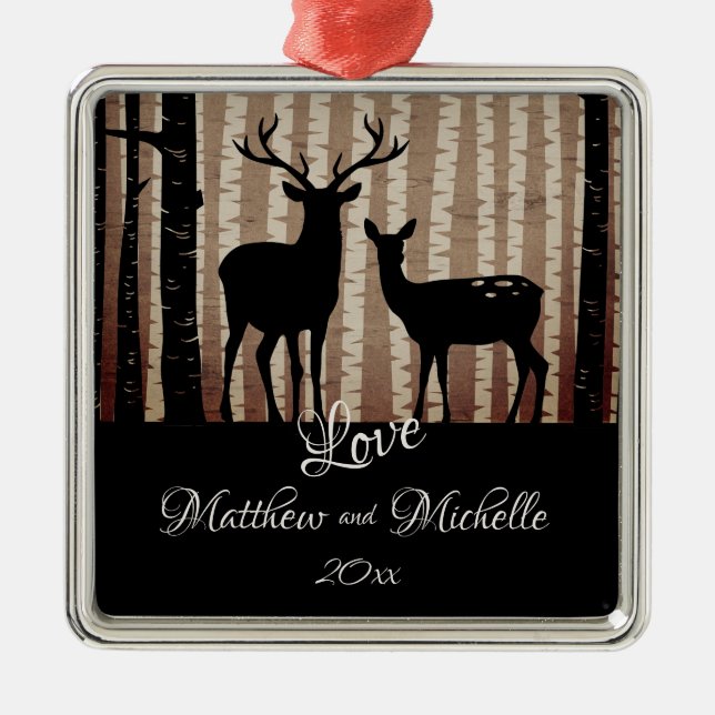 Personalized Deer Couple Rustic Woodland Christmas Metal Ornament (Front)