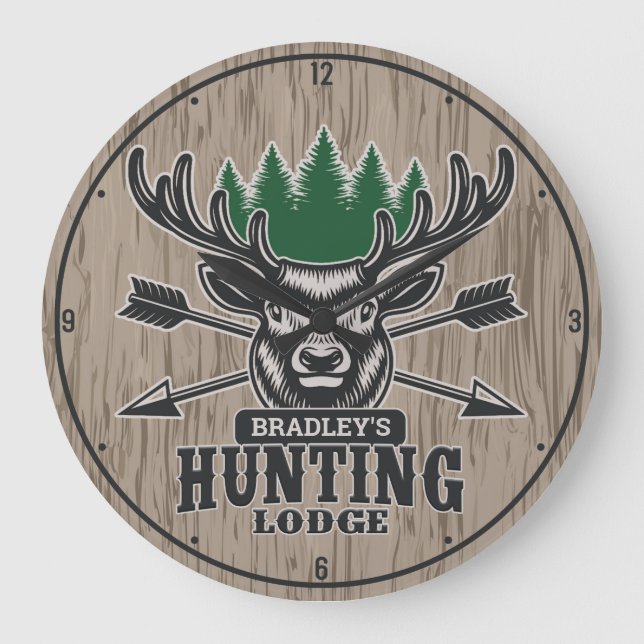 Personalized Deer Elk Hunter Bow Hunting Lodge Large Clock (Front)