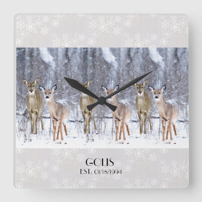 Personalized Deer in Snow Christmas / Winter Square Wall Clock (Front)