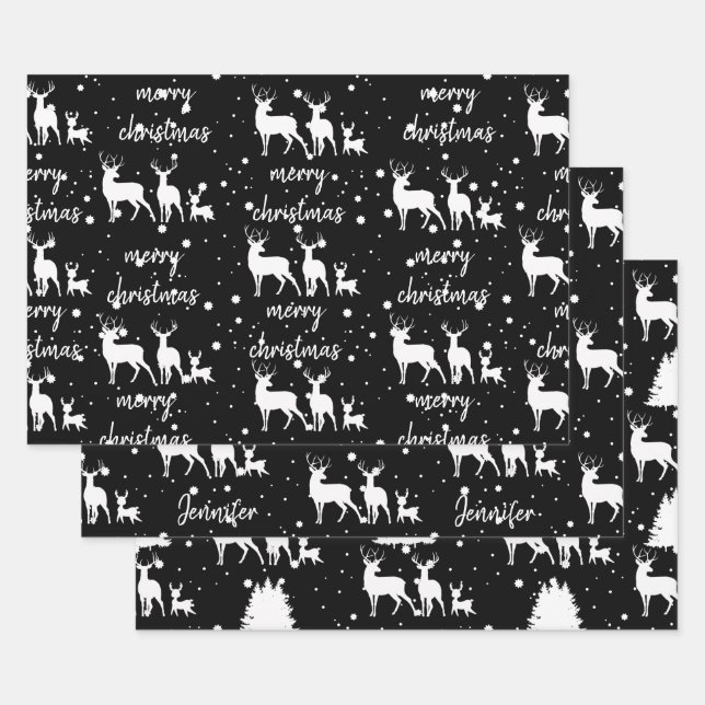 Personalized Deer & Star Pattern Christmas Black Wrapping Paper Sheet (Set)