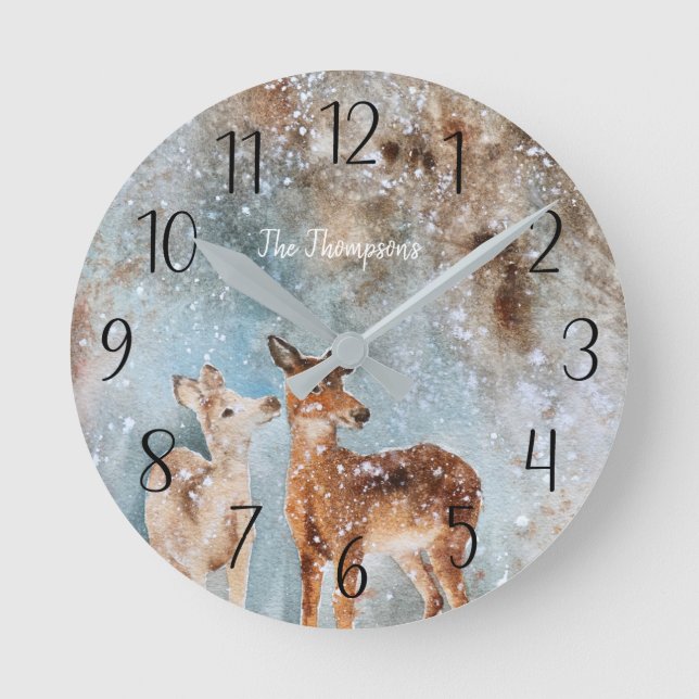 Personalized Deer Winter Scene Round Clock (Front)