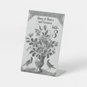 Personalized Delft floral Birds Elegant Grey Pedestal Sign