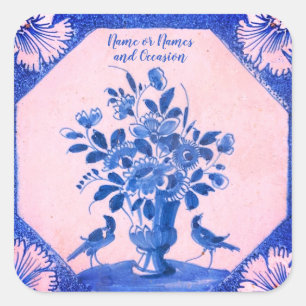 Personalized Delft floral Birds  Square Sticker