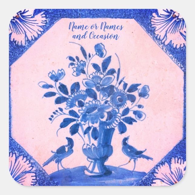 Personalized Delft floral Birds  Square Sticker (Front)
