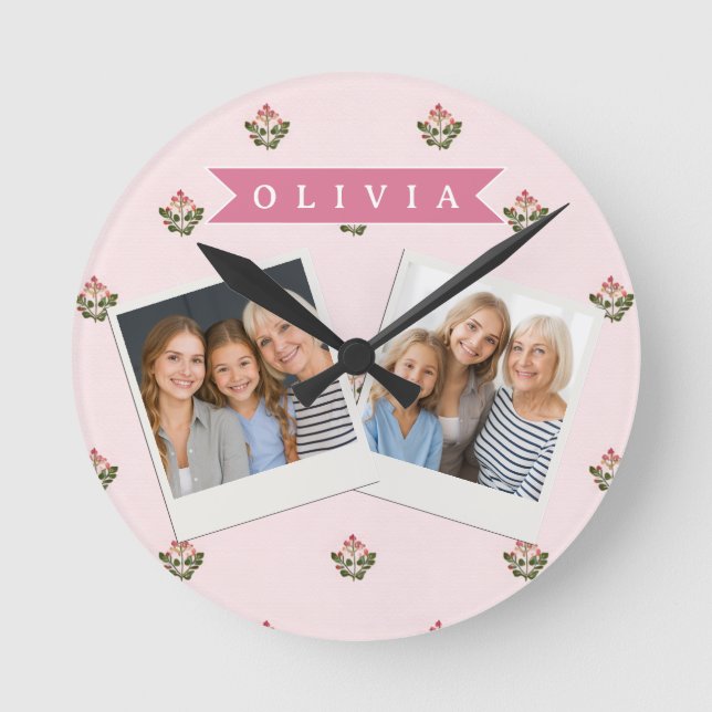 Personalized Delicate Botanical Floral Romantic Round Clock (Front)