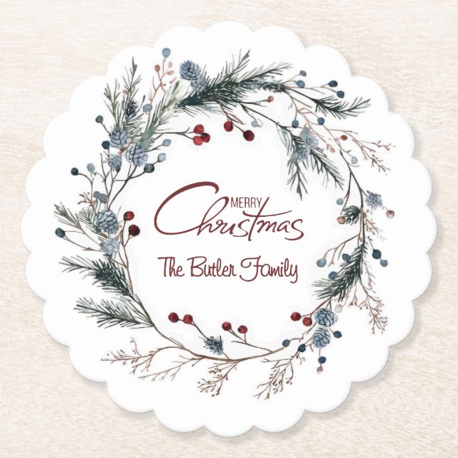 Personalized Delicate Christmas Floral Wreath Paper Coaster (Front)