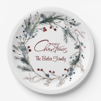 Personalized Delicate Christmas Floral Wreath Paper Plate